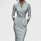 Irielle - Elegant Black Dress with Belt and Mao Collar