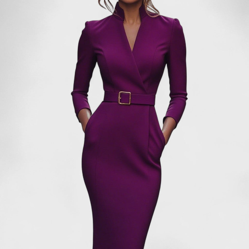 Irielle - Elegant Black Dress with Belt and Mao Collar