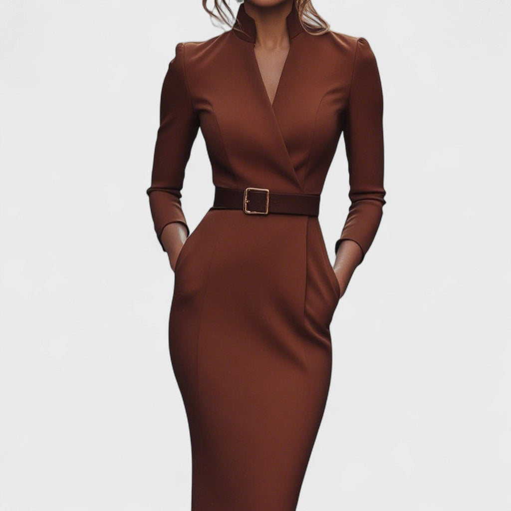 Irielle - Elegant Black Dress with Belt and Mao Collar