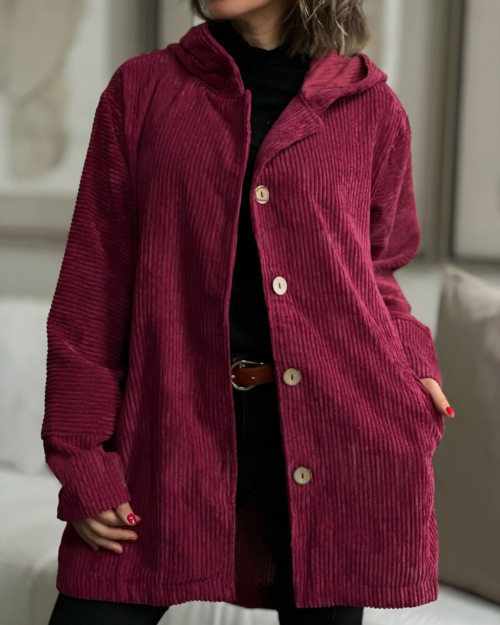 Cordia Corduroy Hooded Jacket – front view