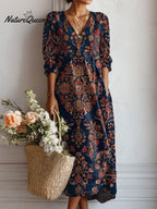 Jovelle - Women's Vintage Floral Print Linen Tunic Dress with Pockets