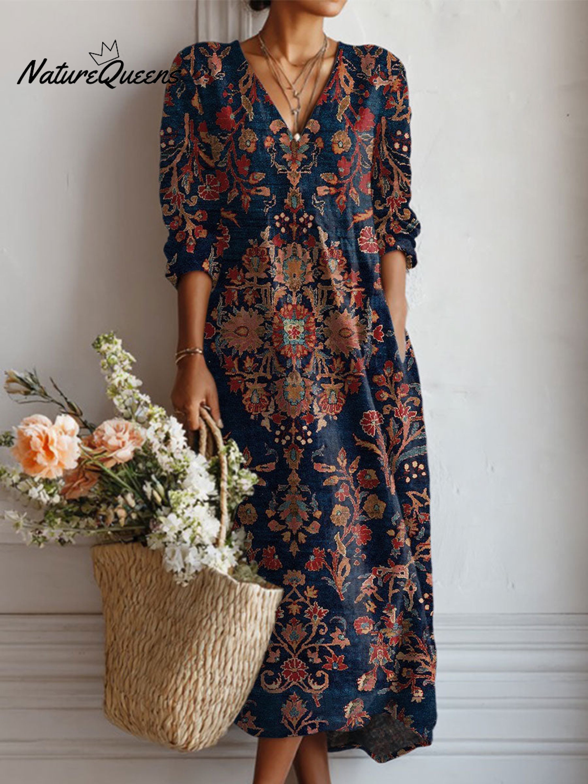 Jovelle - Women's Vintage Floral Print Linen Tunic Dress with Pockets