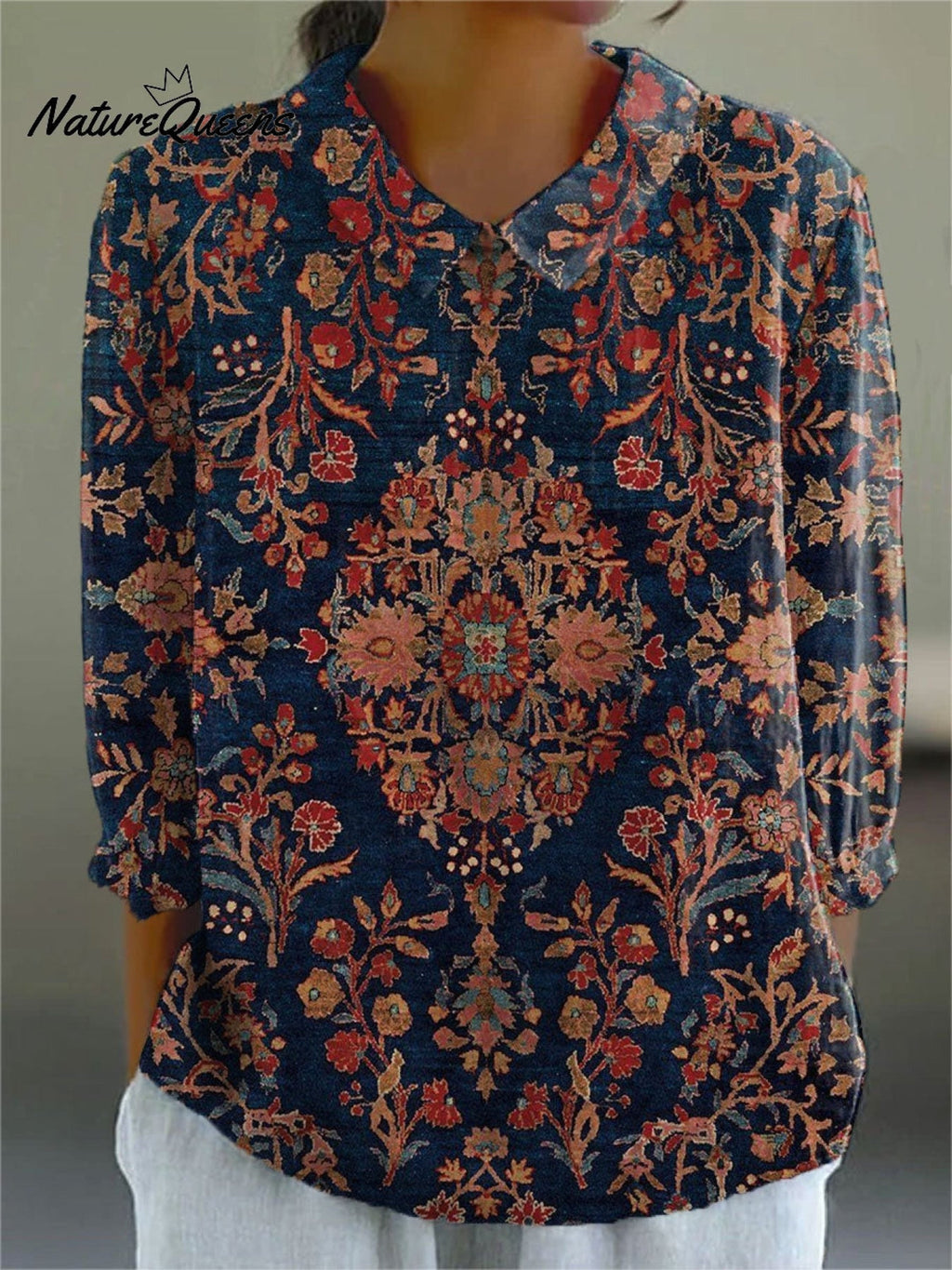 Jovelle - Women's Vintage Floral Print Linen Tunic Dress with Pockets