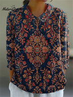 Jovelle - Women's Vintage Floral Print Linen Tunic Dress with Pockets