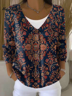Jovelle - Women's Vintage Floral Print Linen Tunic Dress with Pockets