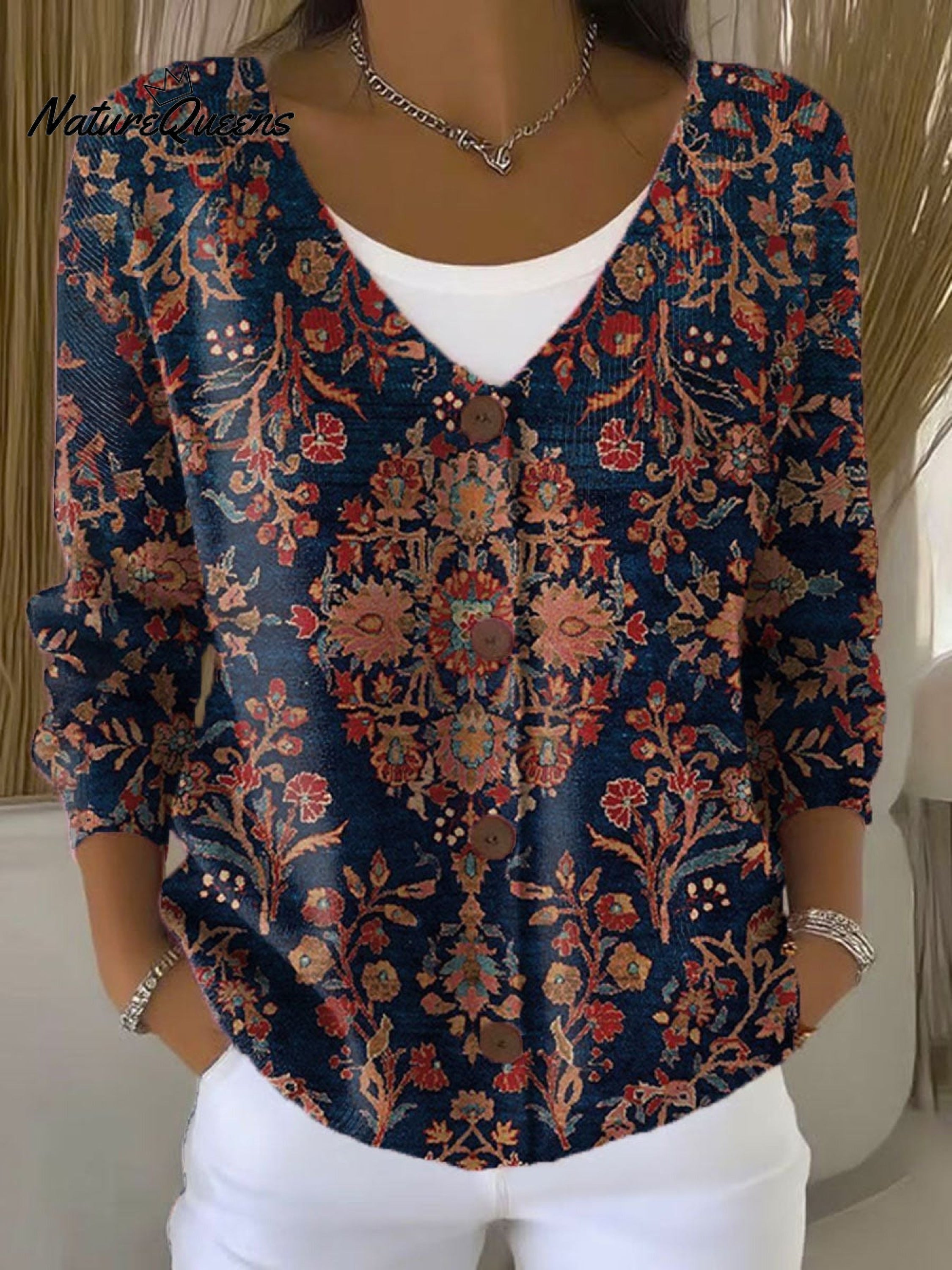 Jovelle - Women's Vintage Floral Print Linen Tunic Dress with Pockets