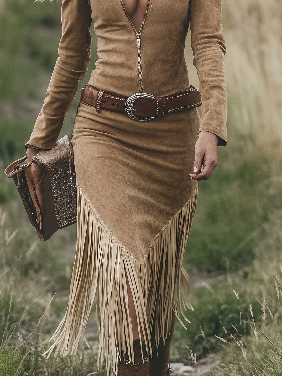 Retro Western Lapel Zipper Long Sleeve Tassel Midi Dress