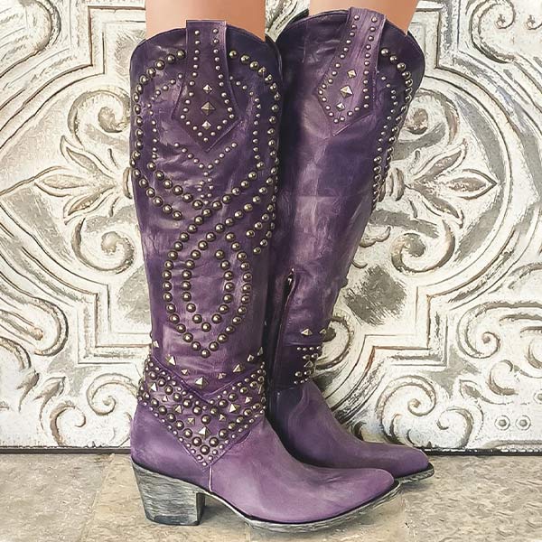 Women's Knee-High Cowboy Boots – Leather Look – Pointed Toe – Stud Styling – Stacked Heel