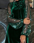 Helisorae - Elegant Patchwork Dress with Lantern Sleeves