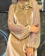 Helisorae - Elegant Patchwork Dress with Lantern Sleeves