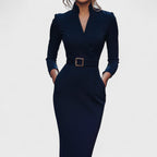Irielle - Elegant Black Dress with Belt and Mao Collar