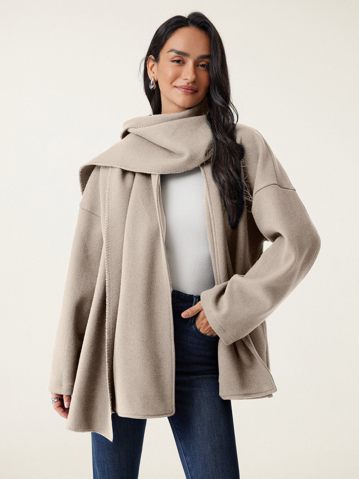 Fable draped collar scarf coat, heather oatmeal, front view