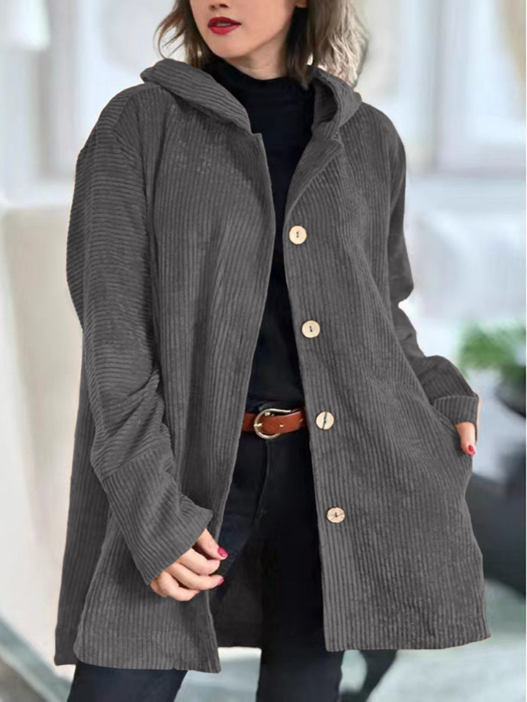 Cordia Corduroy Hooded Jacket – close-up