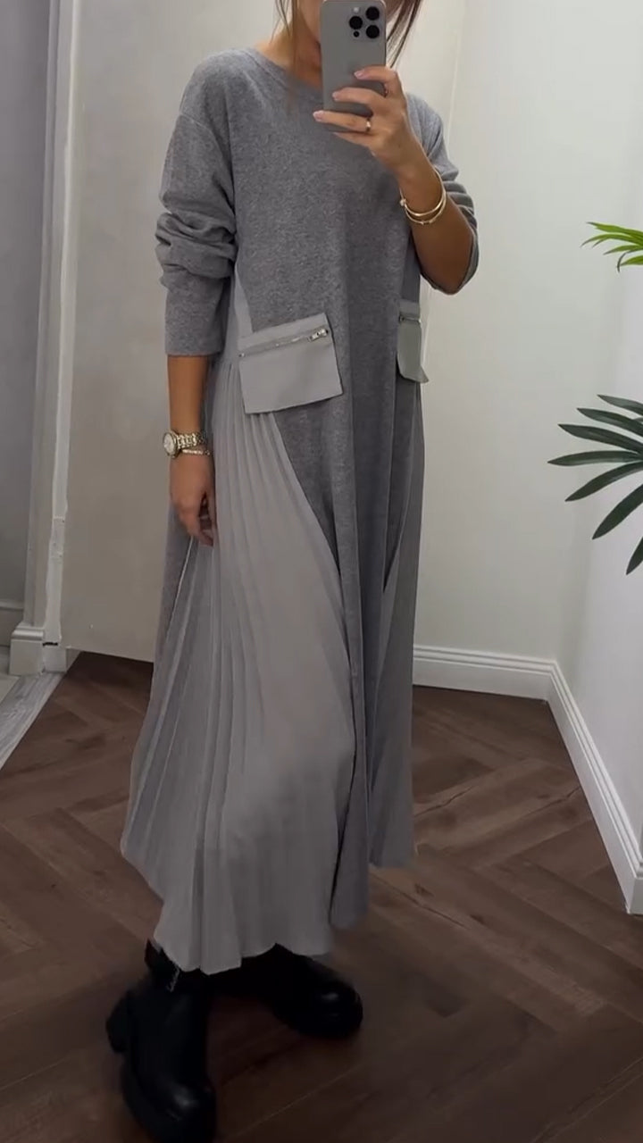 Isenelle - Casual Pleated Dress with Round Neck and Pockets