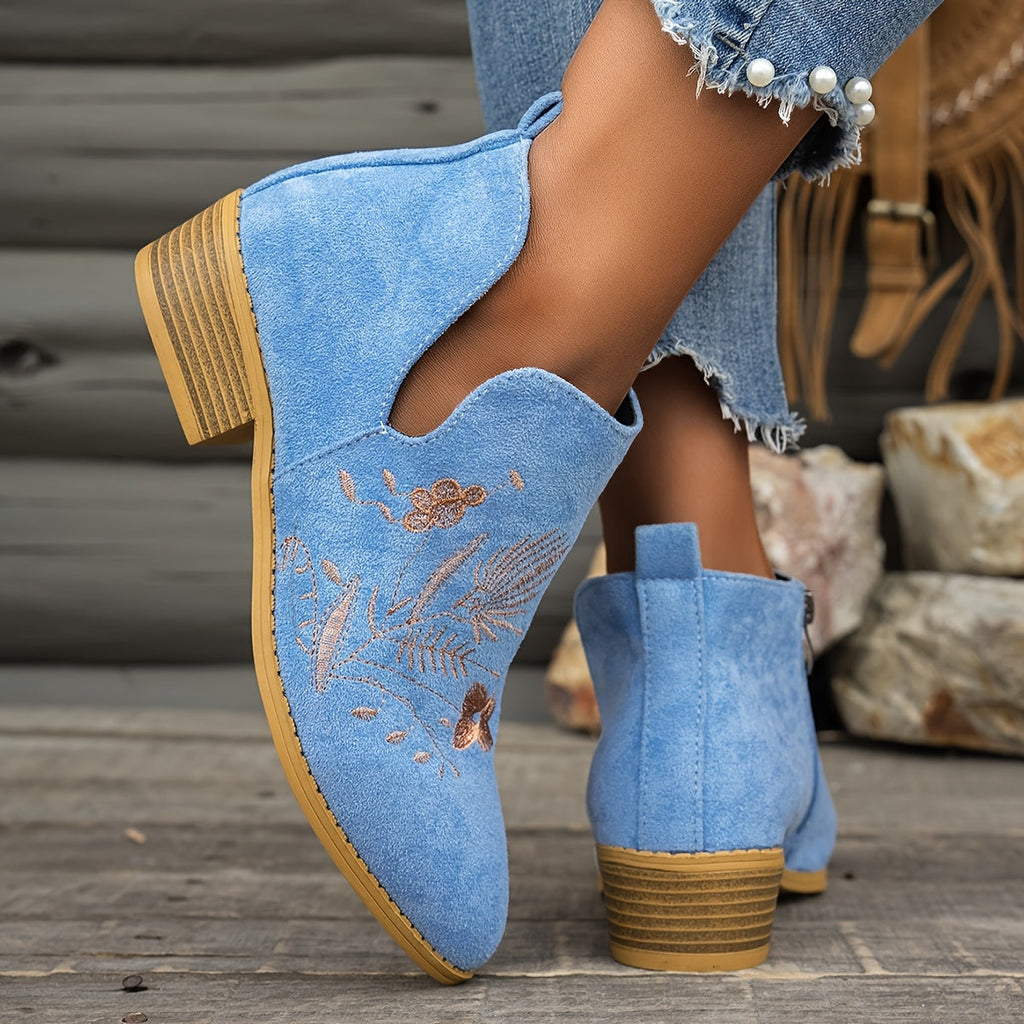 Isadora | Embroidered Low-Heel Ankle Boots