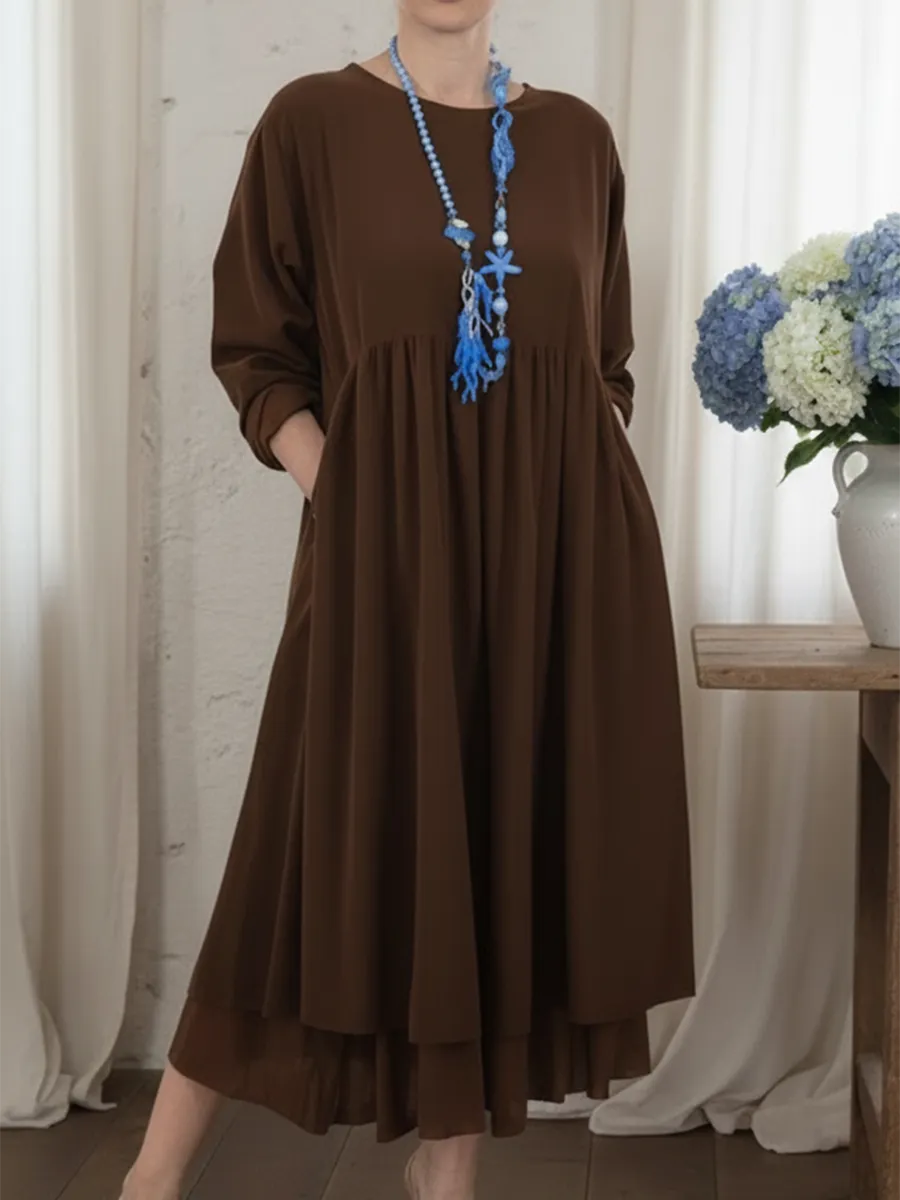 Prysavellea - Casual Midi Dress with Double Trim and Flowing Drape