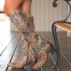 Women's Knee-High Cowboy Boots – Leather Look – Pointed Toe – Stud Styling – Stacked Heel