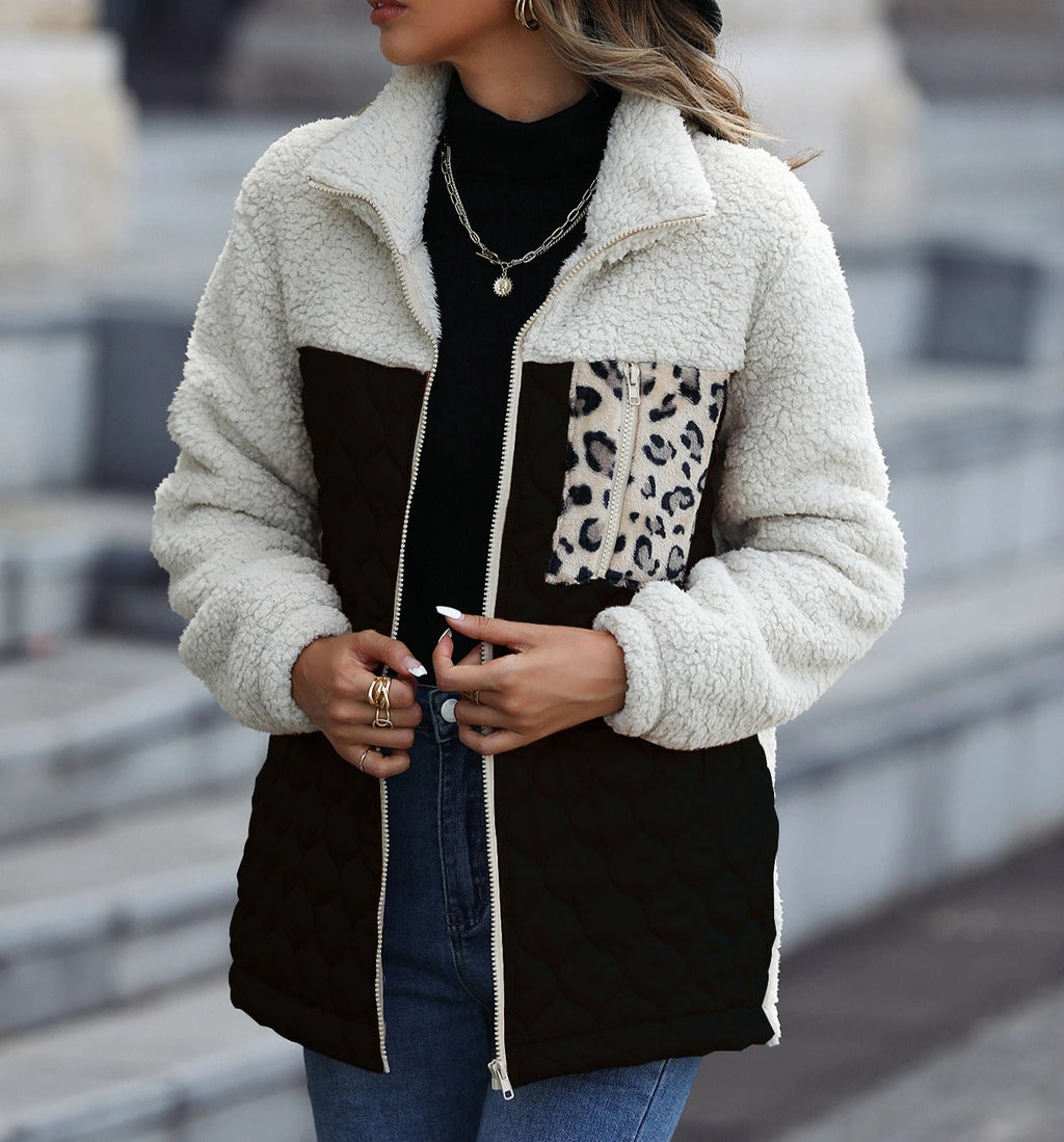 Women's Quilted Sherpa Jacket, High Stand Collar, Full Zip, Hip Length