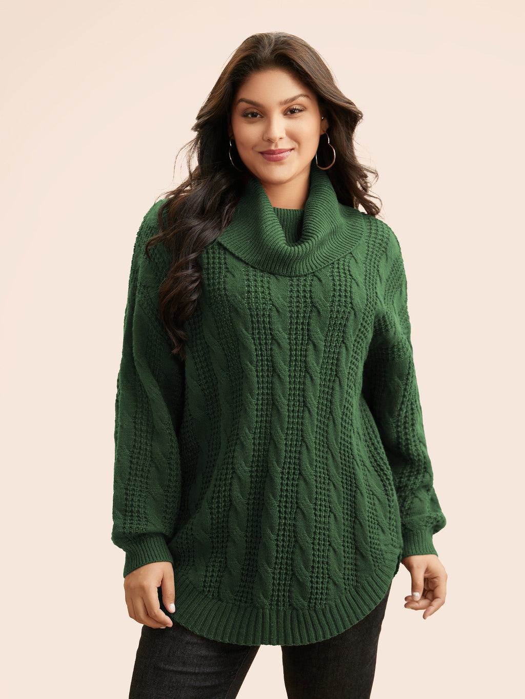 Turtleneck Cable Knit Curved Hem Pullover