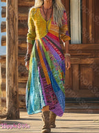 Delyne - Bohemian Dress in Cotton and Linen with Multicolored Patchwork