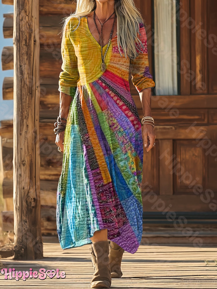 Delyne - Bohemian Dress in Cotton and Linen with Multicolored Patchwork