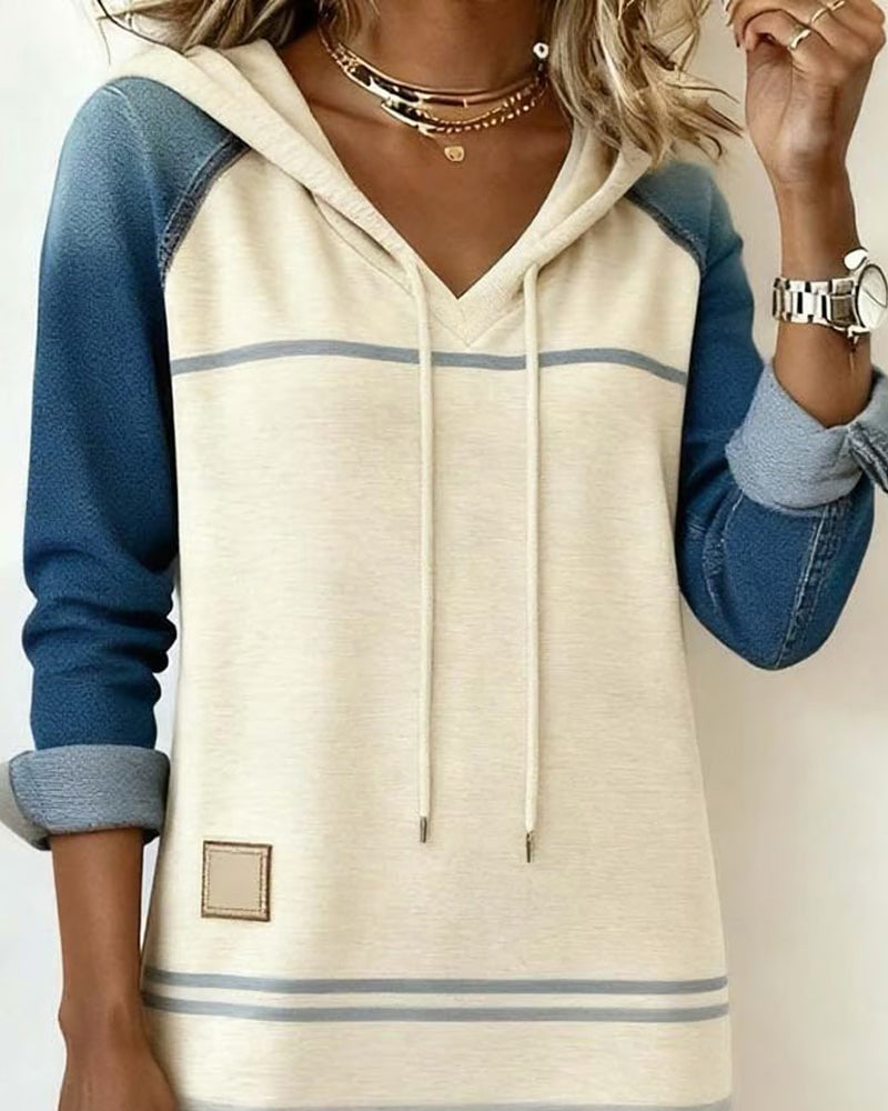Ceralyn - Casual Hooded Dress with Striped Patchwork Pattern