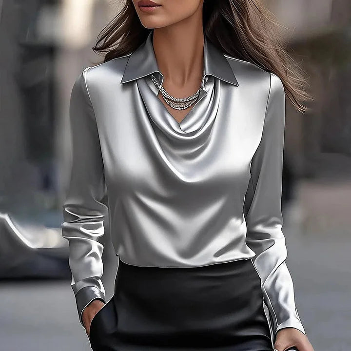 Merlina | Elegant Draped Neckline Satin Blouse