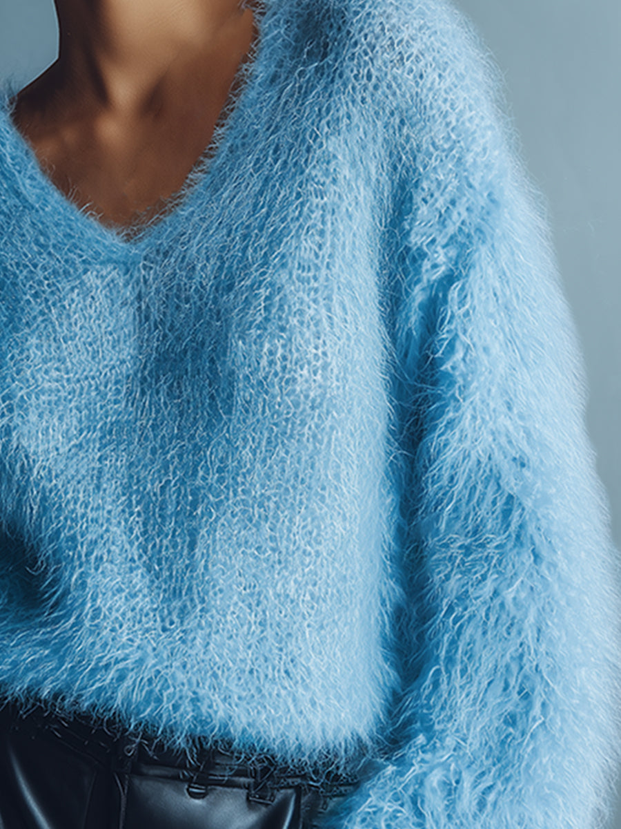 Light Blue V-Neck Wool Sweater – detail view