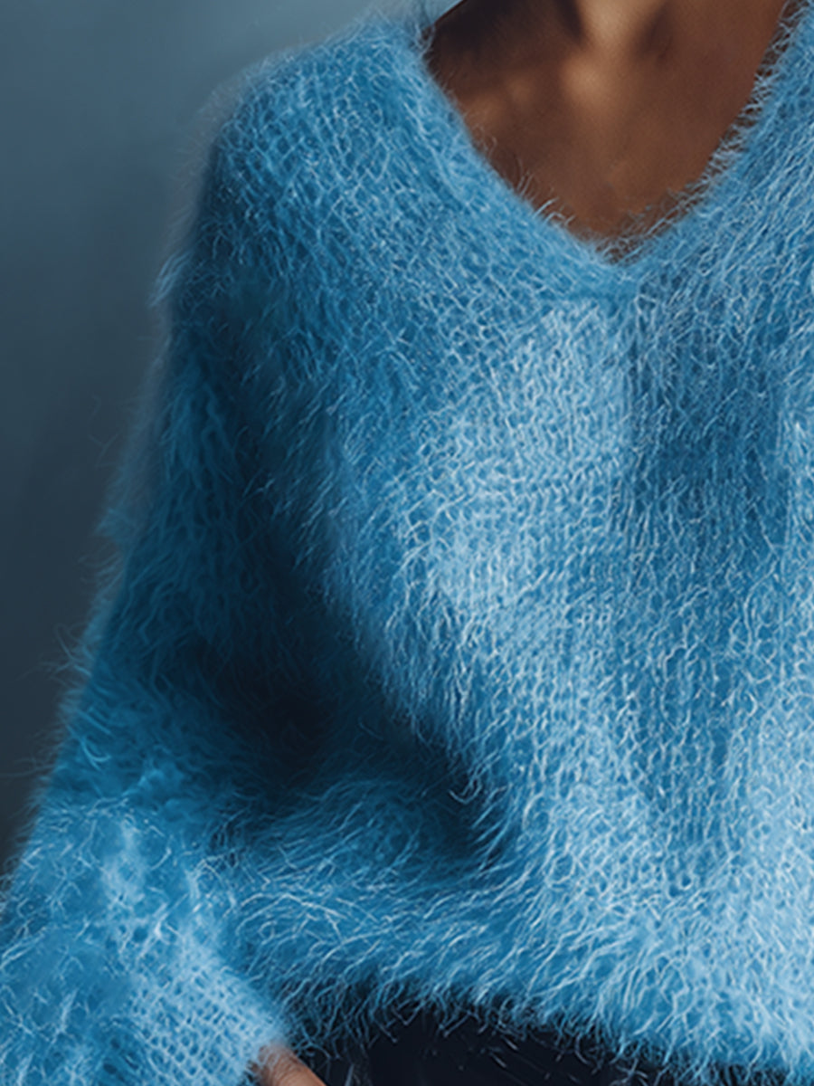 Light Blue V-Neck Wool Sweater – styled view