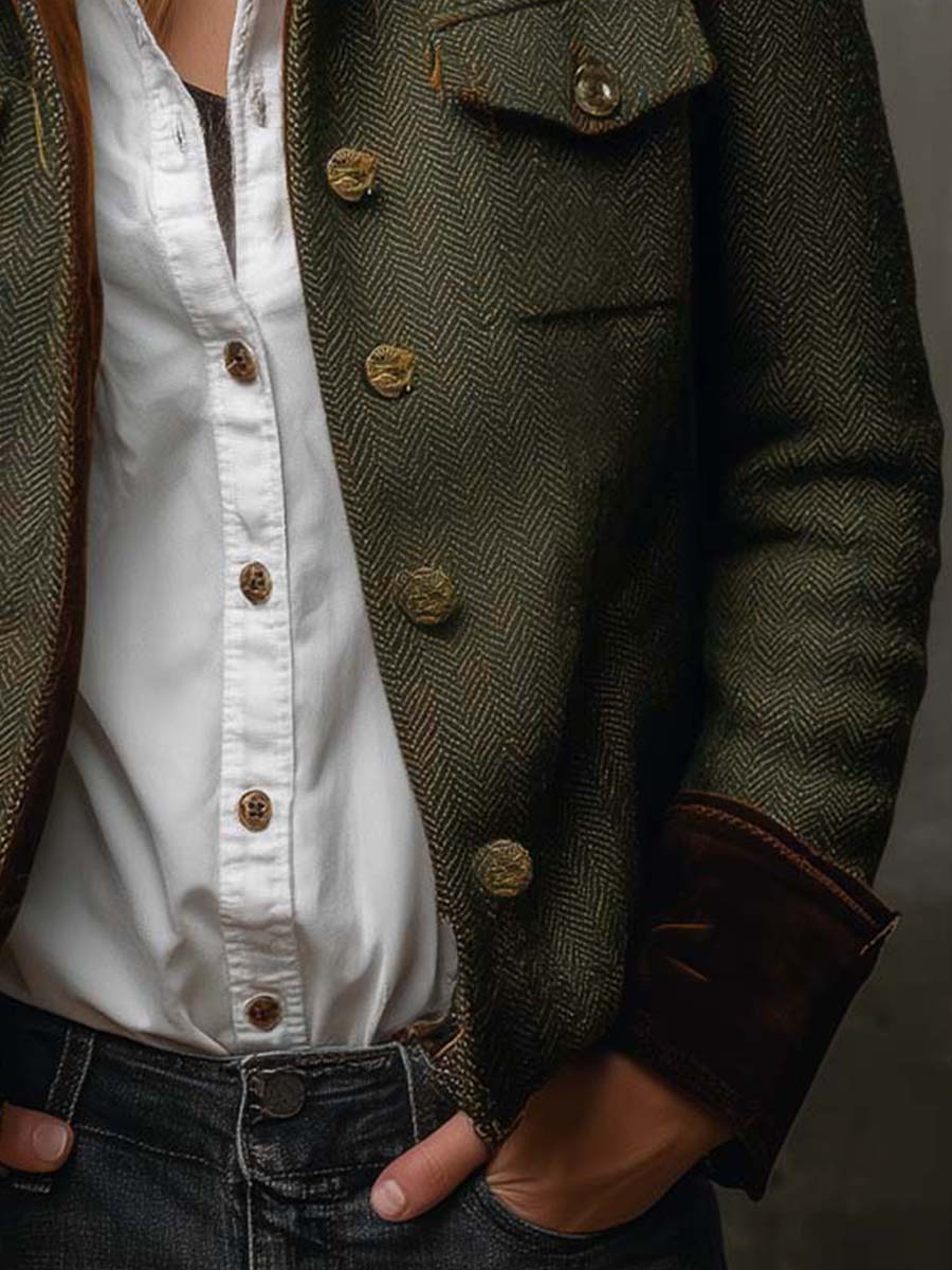 Herringbone | Tweed Blazer With Velvet Trim