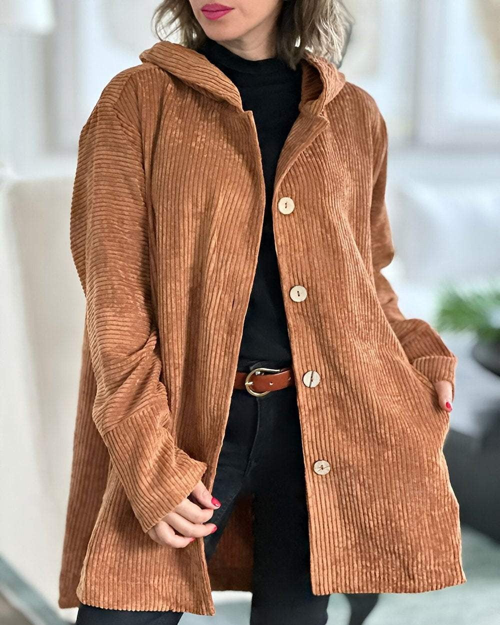 Cordia Corduroy Hooded Jacket – styled view
