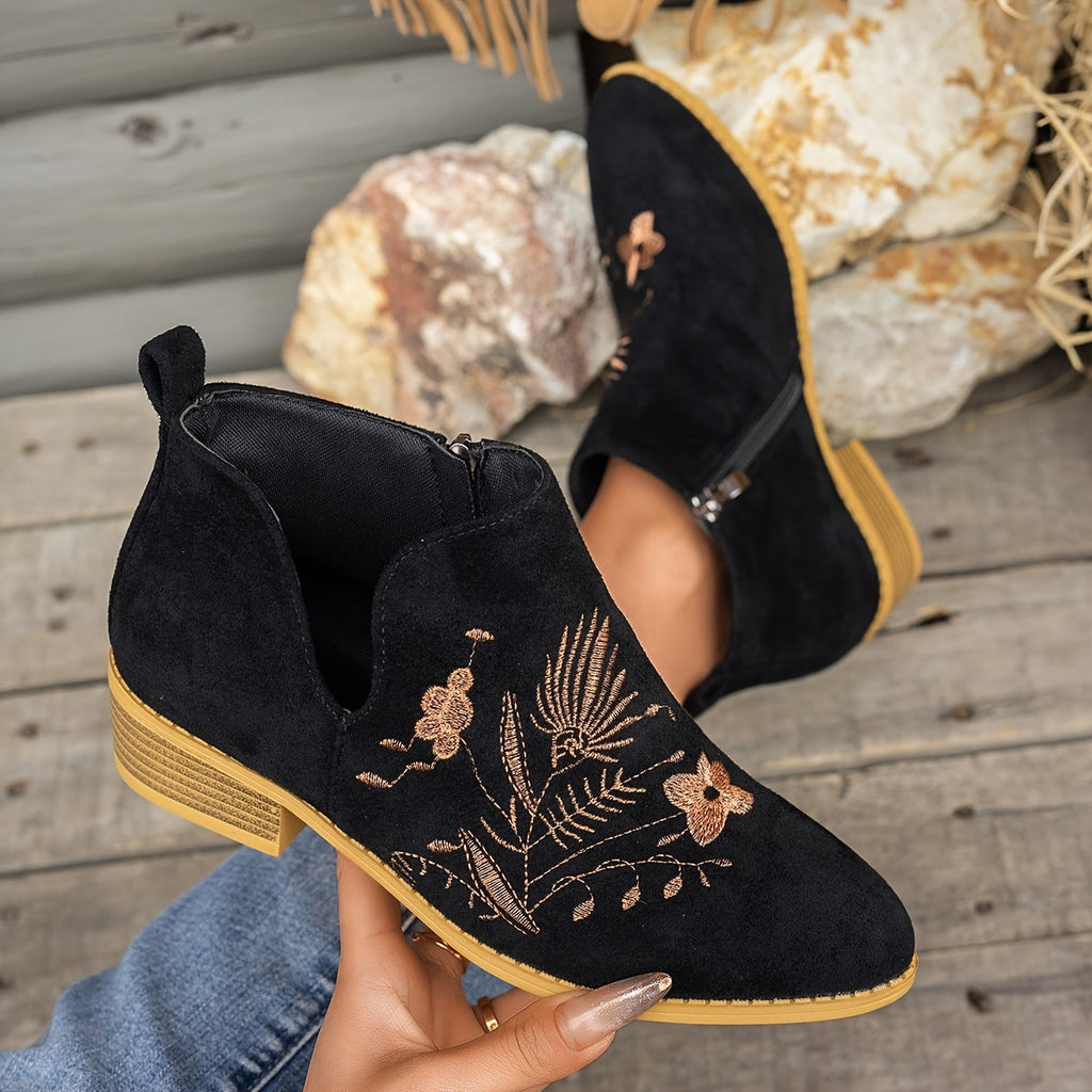 Isadora | Embroidered Low-Heel Ankle Boots