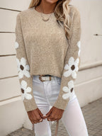 Floral Appliqué Sleeve Sweater | Soft Knit Fabric | Relaxed Fit | Chic Everyday Style