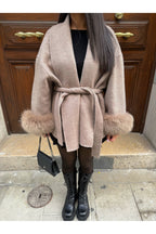 Women's Long Winter Coat, Faux-Fur Sleeves, Plush Lining, Bow Belt