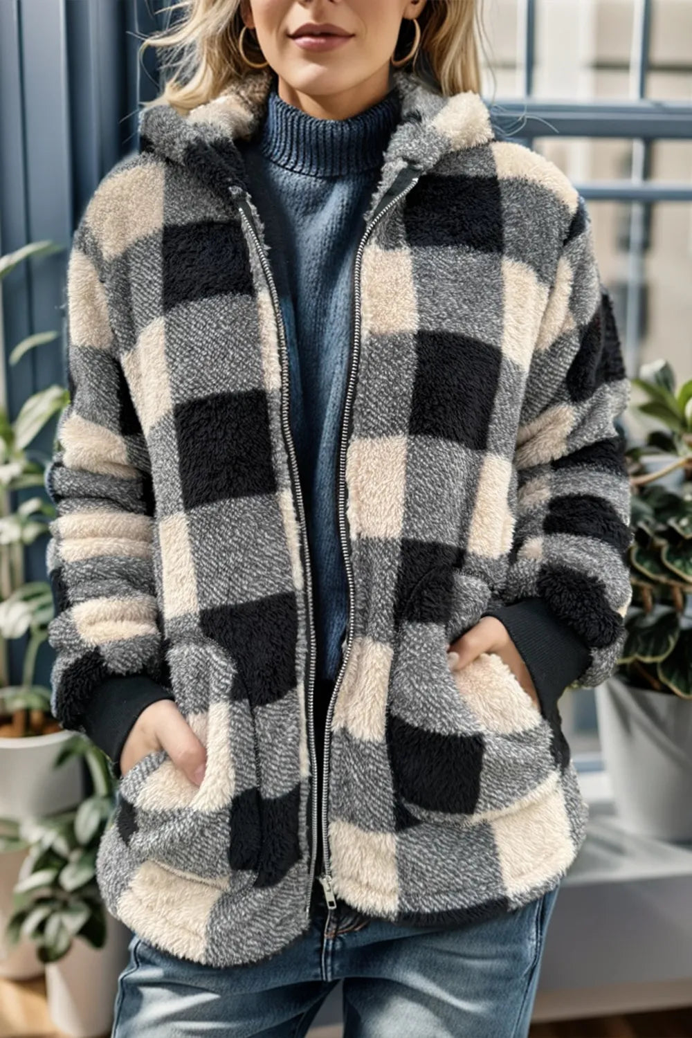 Bregje hooded teddy coat, grey and cream check