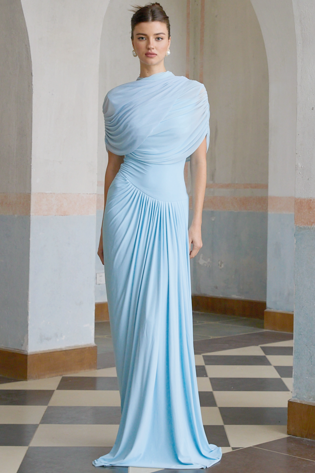 Catherine | Maxi Dress Asymmetrical Pleated, Baby-Blue Long Dress for Women