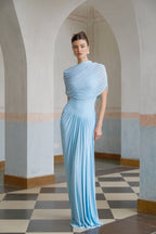 Catherine | Maxi Dress Asymmetrical Pleated, Baby-Blue Long Dress for Women