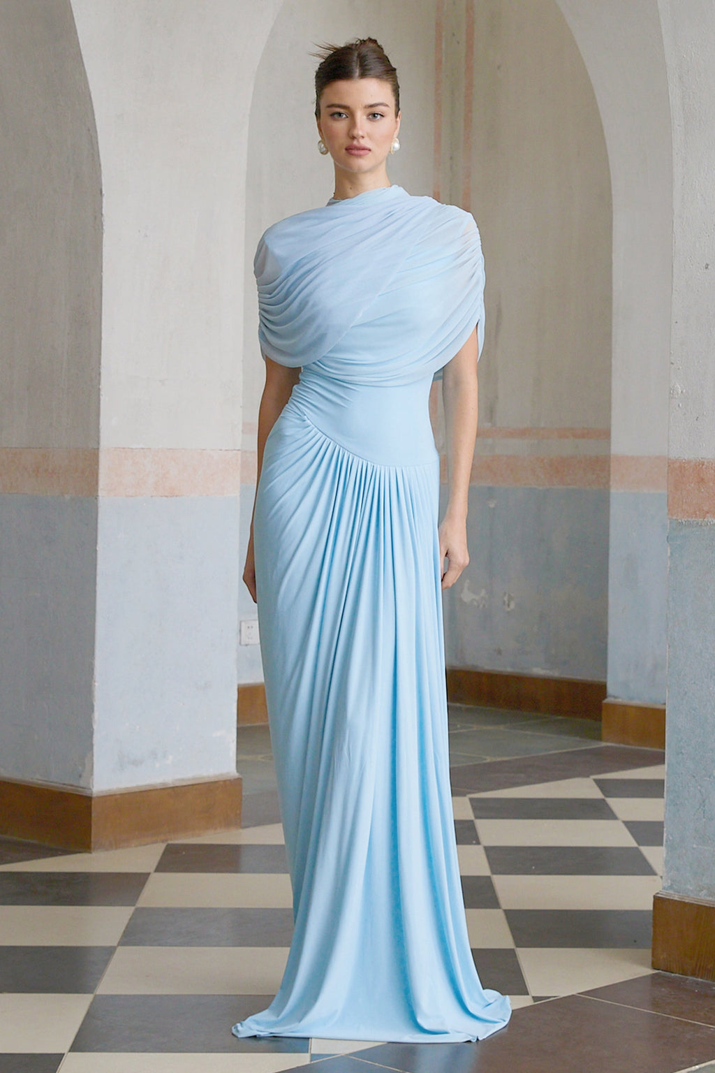 Catherine | Maxi Dress Asymmetrical Pleated, Baby-Blue Long Dress for Women
