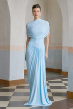 Catherine | Maxi Dress Asymmetrical Pleated, Baby-Blue Long Dress for Women