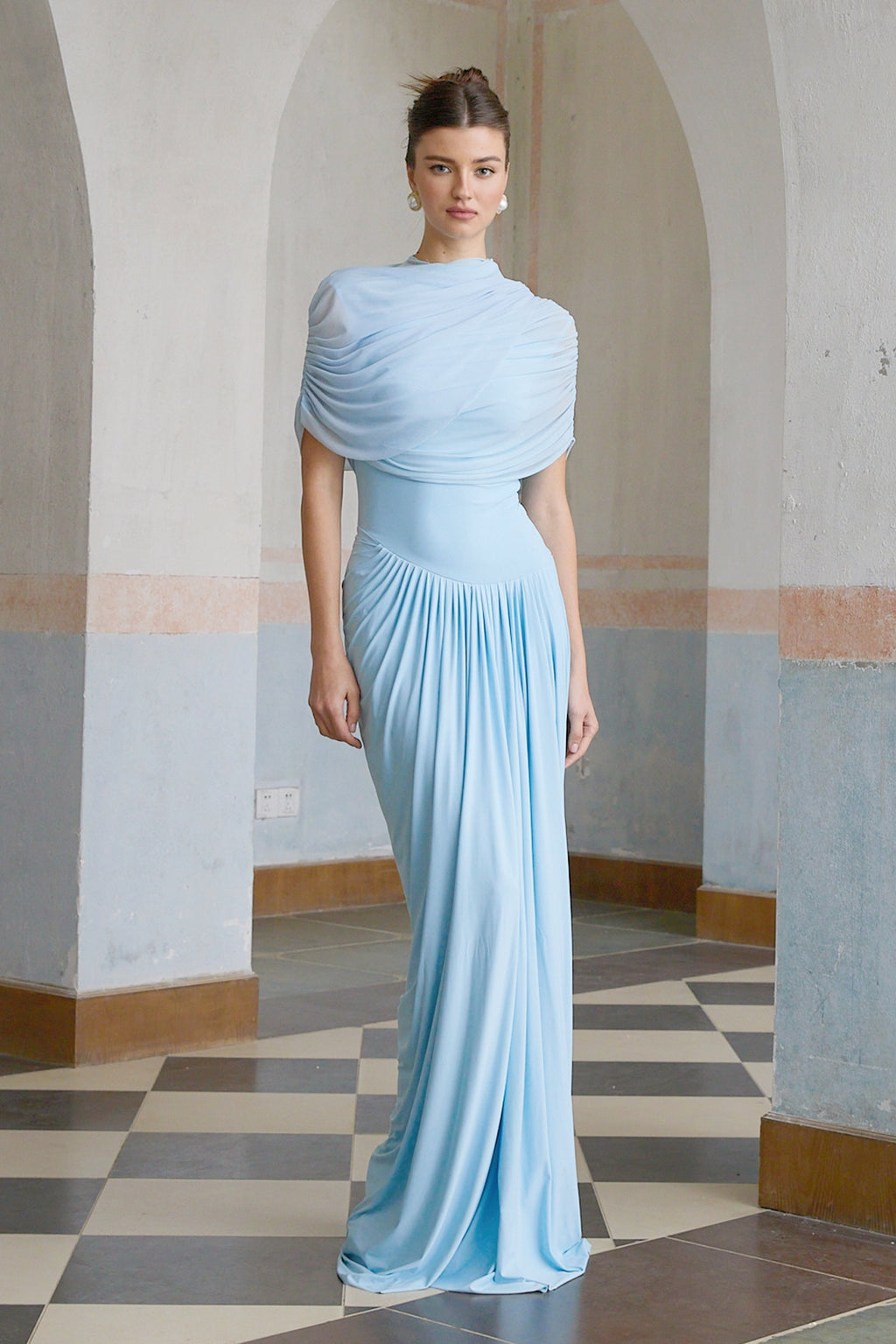 Catherine | Maxi Dress Asymmetrical Pleated, Baby-Blue Long Dress for Women