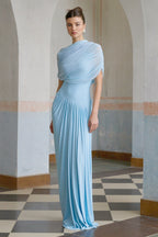 Catherine | Maxi Dress Asymmetrical Pleated, Baby-Blue Long Dress for Women