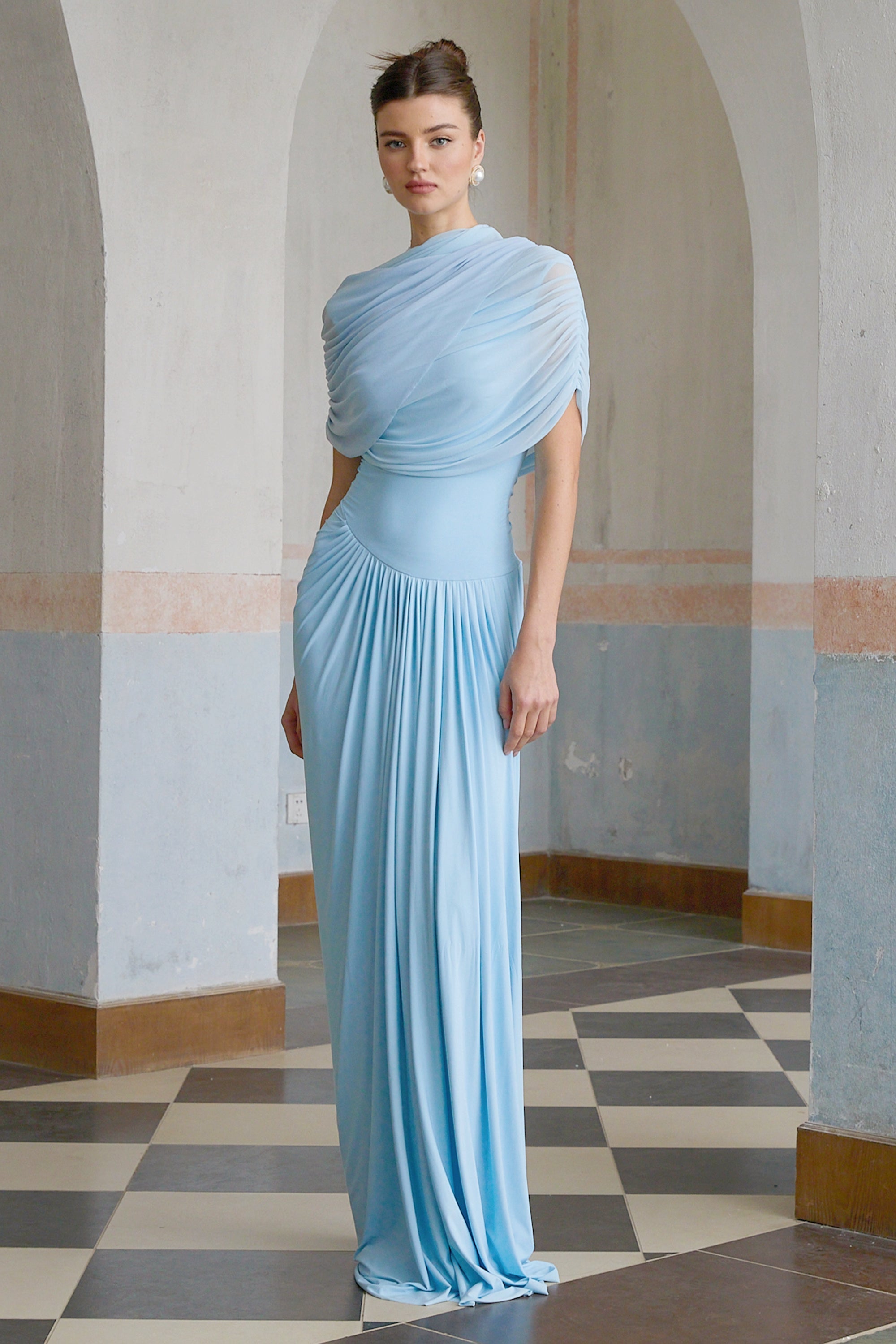 Catherine | Maxi Dress Asymmetrical Pleated, Baby-Blue Long Dress for Women