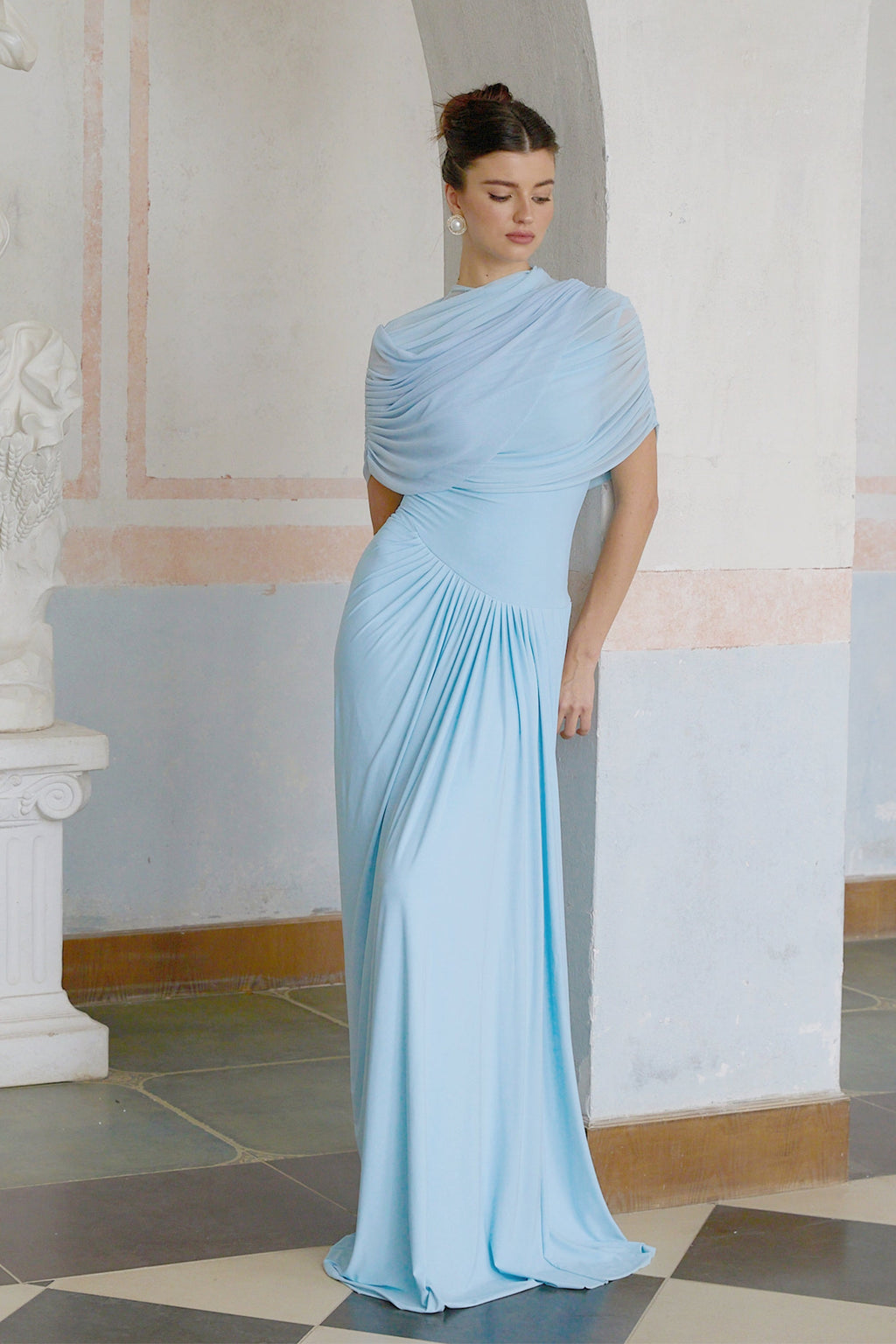 Catherine | Maxi Dress Asymmetrical Pleated, Baby-Blue Long Dress for Women