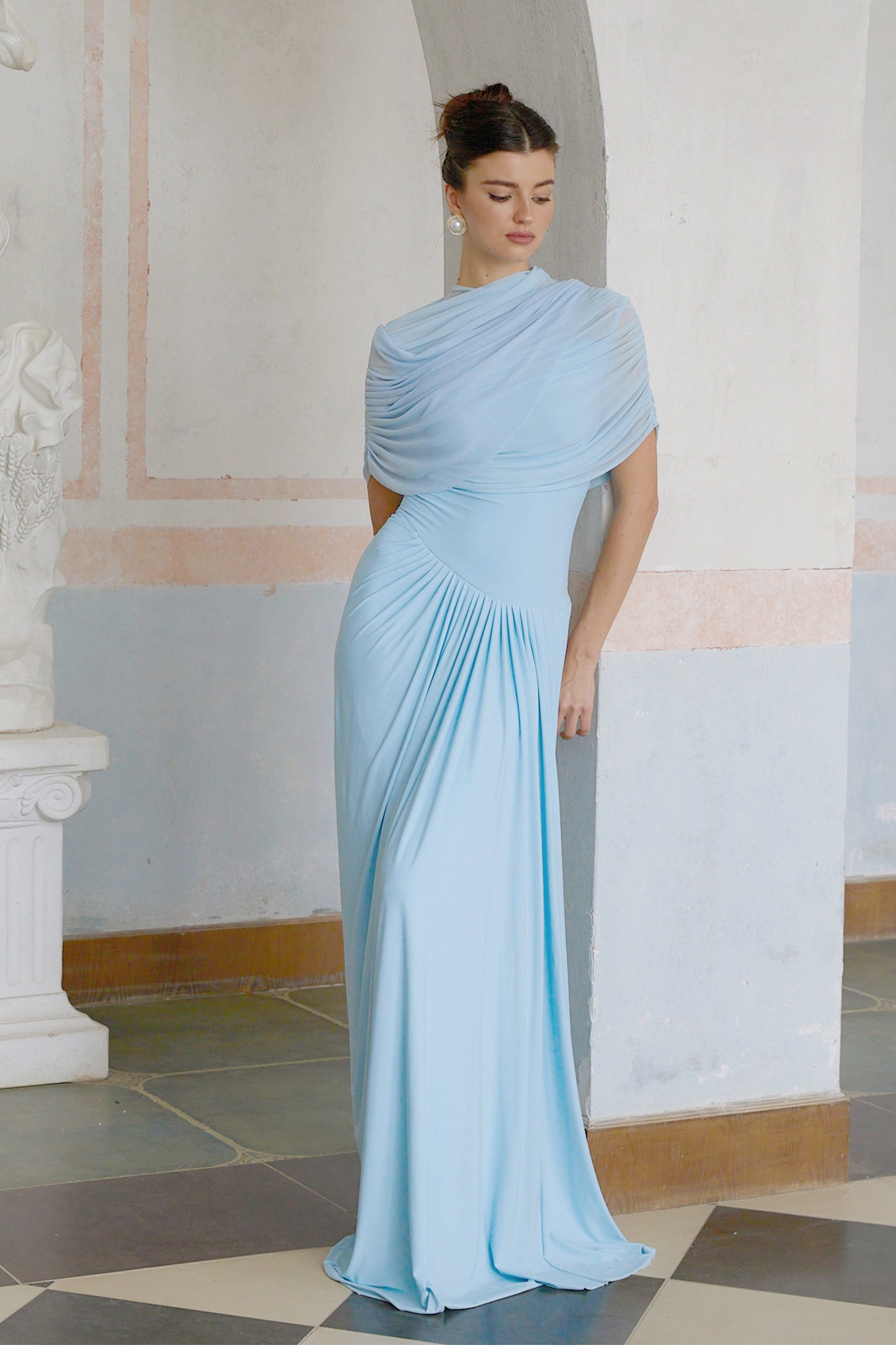Catherine | Maxi Dress Asymmetrical Pleated, Baby-Blue Long Dress for Women