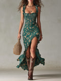 Floral maxi dress in soft pastel colors with a flowing silhouette and delicate ruffle details. 0