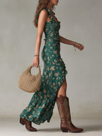 Floral maxi dress in soft pastel colors with a flowing silhouette and delicate ruffle details. 1