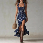 Floral maxi dress in soft pastel colors with a flowing silhouette and delicate ruffle details. 3