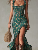 Floral maxi dress in soft pastel colors with a flowing silhouette and delicate ruffle details. 7