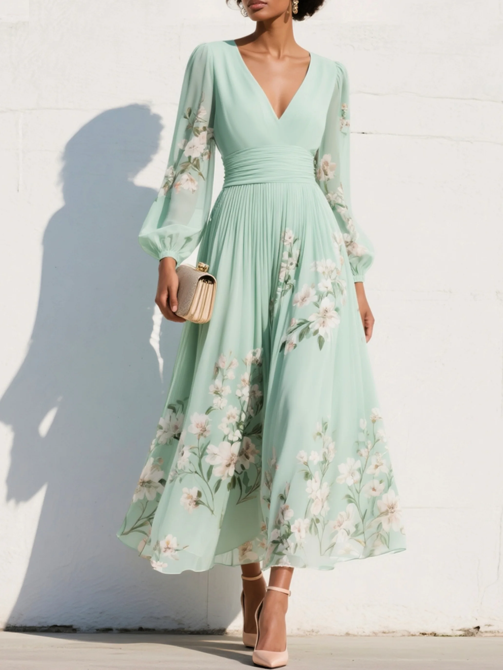 Ella floral midi dress in soft pink, featuring a V neckline and a flowing, feminine silhouette. 0