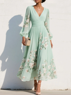 Ella floral midi dress in soft pink, featuring a V neckline and a flowing, feminine silhouette. 0